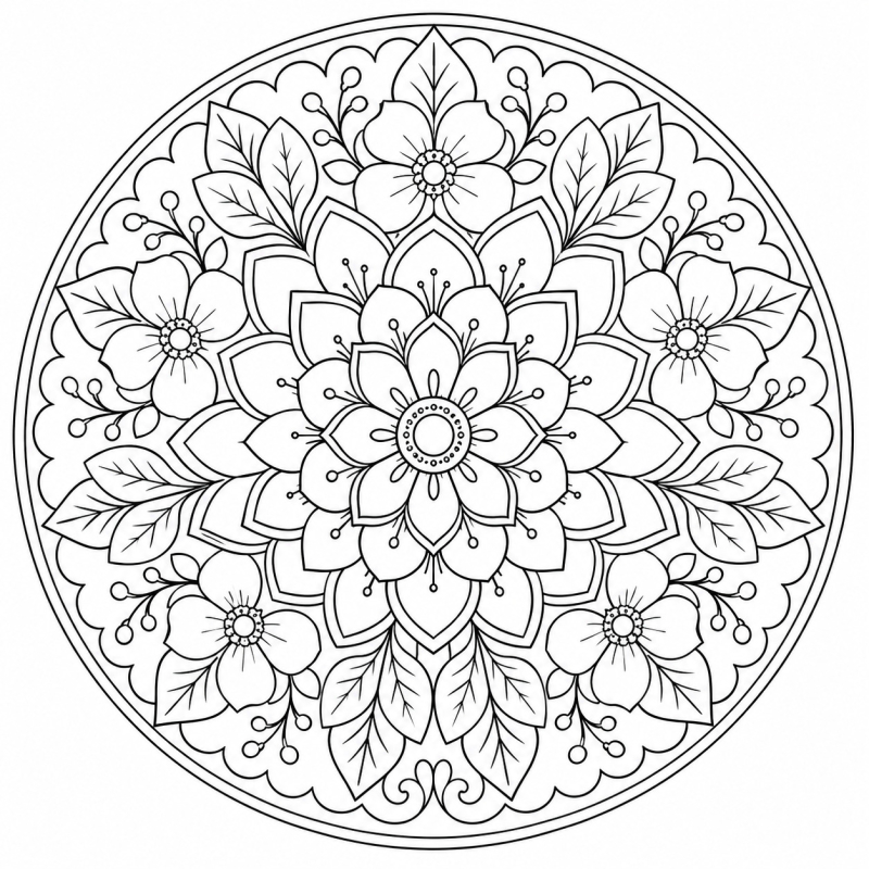 Floral Mandala Coloring Book Page