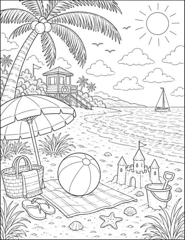 Summer Beach Coloring Page