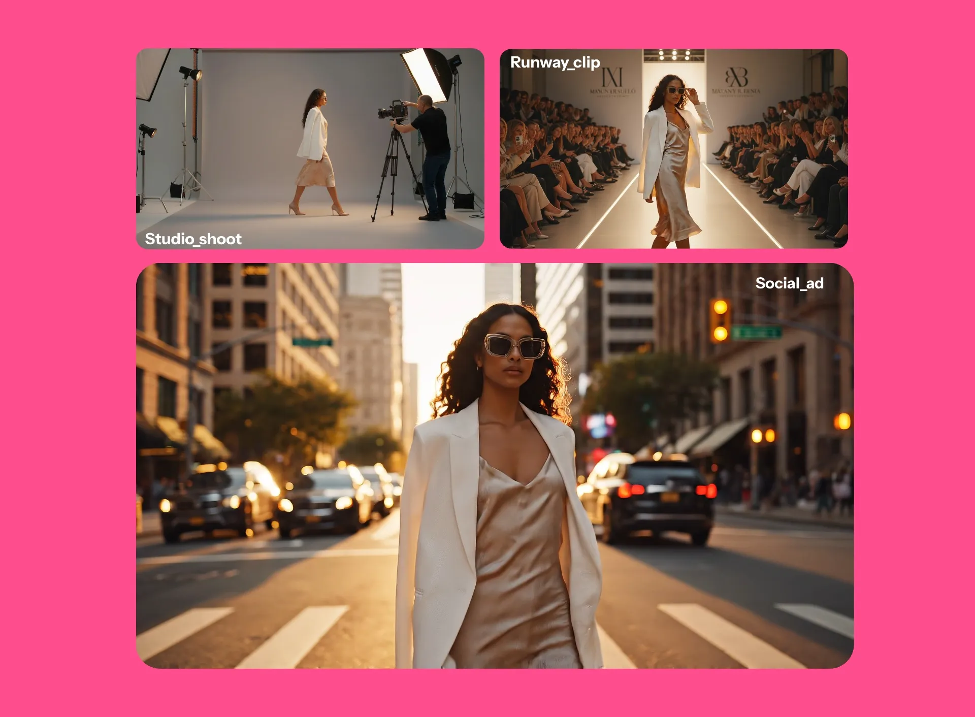 세 가지 다른 행사에서 런웨이 위의 여성 모델들이 촬영되고 있어