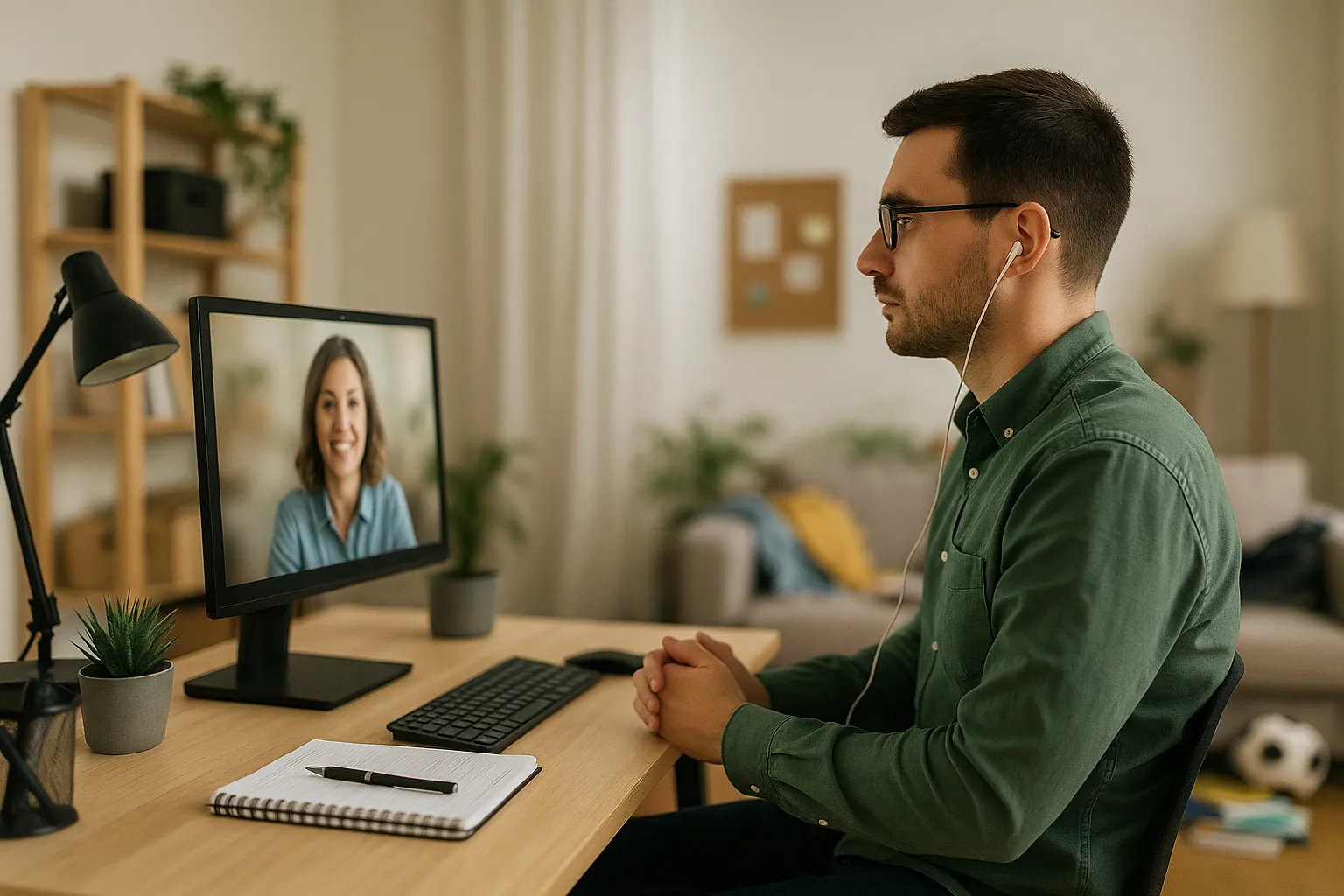 A remote worker sitting at their desk in their home office while on a video call, showing the usefulness of a video background blurrer.