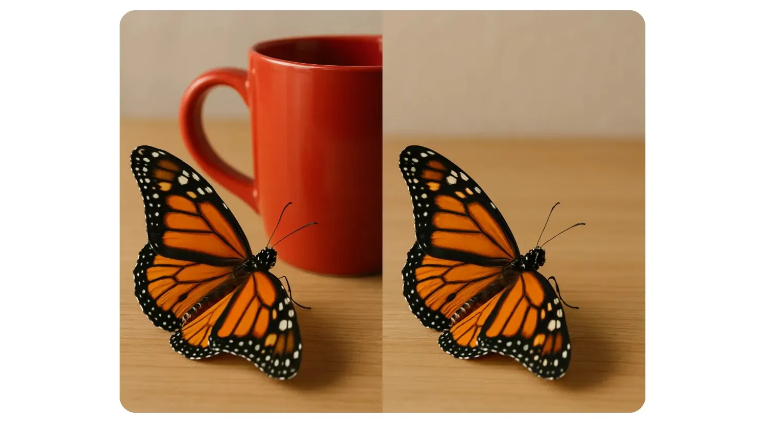 A side-by-side image comparison showing the results of an AI object remover to remove objects from photos.