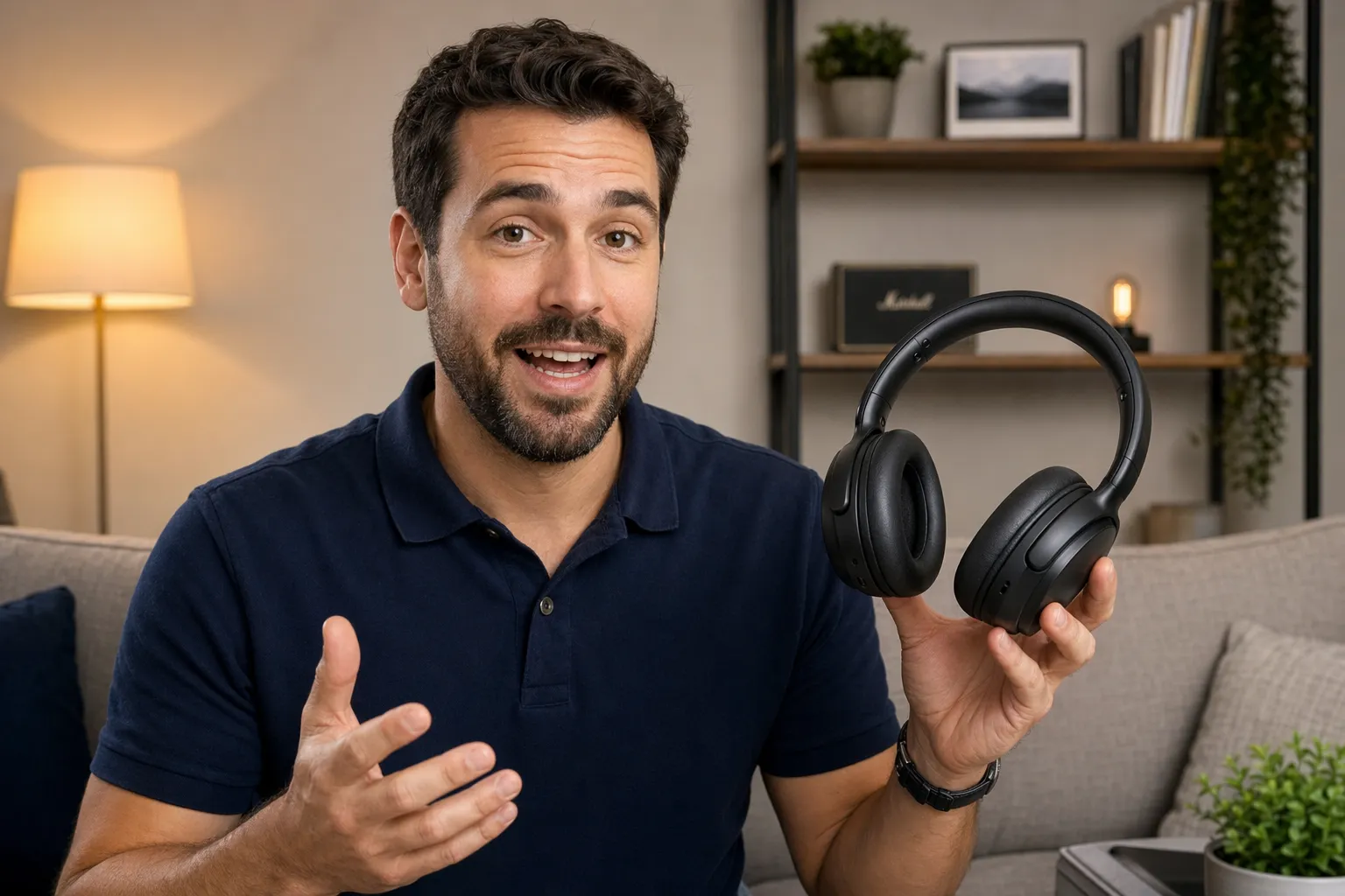 man talking about a pair of headphones