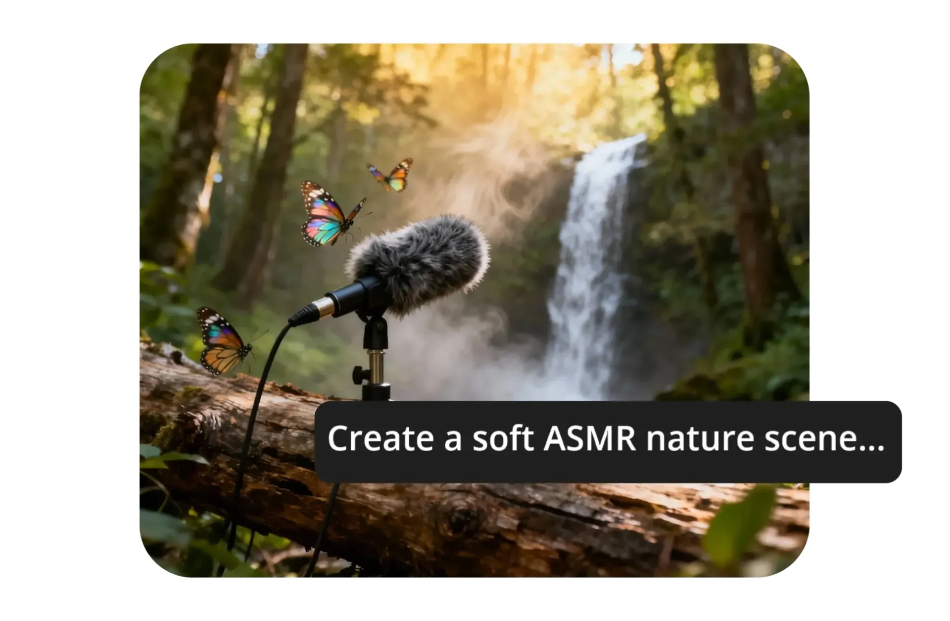 A professional ASMR recording microphone in a nature scene recording triggers like running water and animal sounds. 